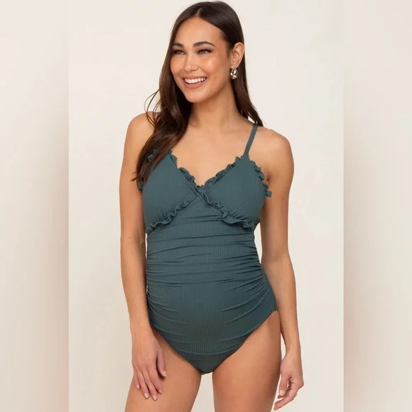 PinkBlush ribbed ruffle trim one piece swimsuit nwot - Picture 3 of 5